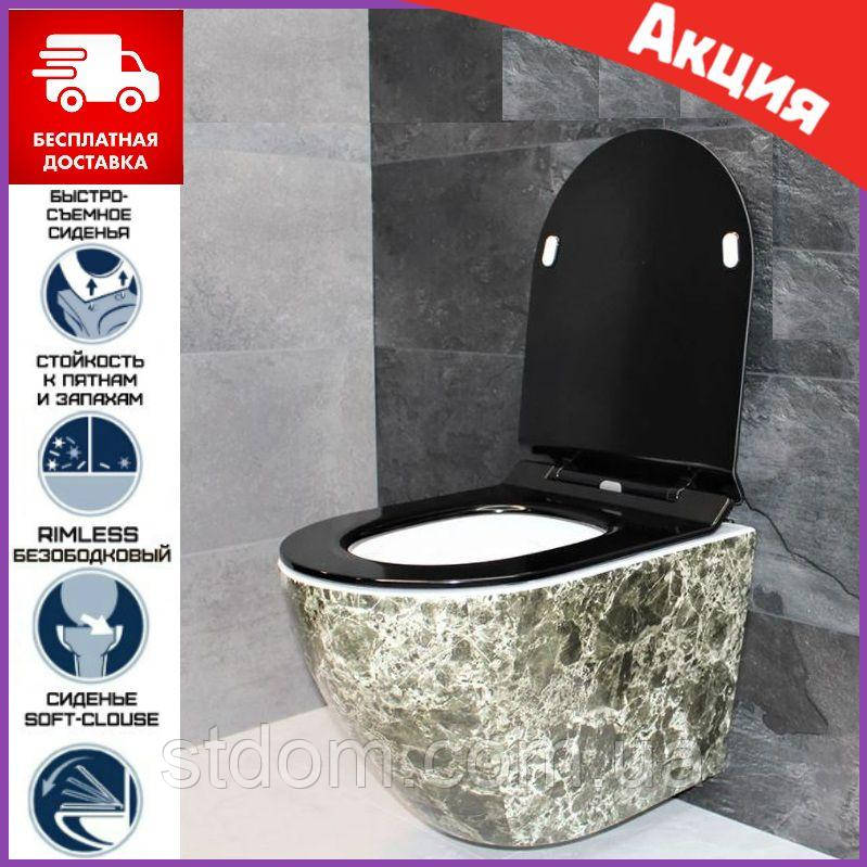 Унітаз підвісний Dusel Levita Marble DWHT10201130MS з мікроліфт сидіння чорний / унітаз підвісний кольоровий, фото 1