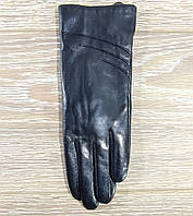 Перчатки женские сенсорные кожаные на шерсти черные с тремя строчками