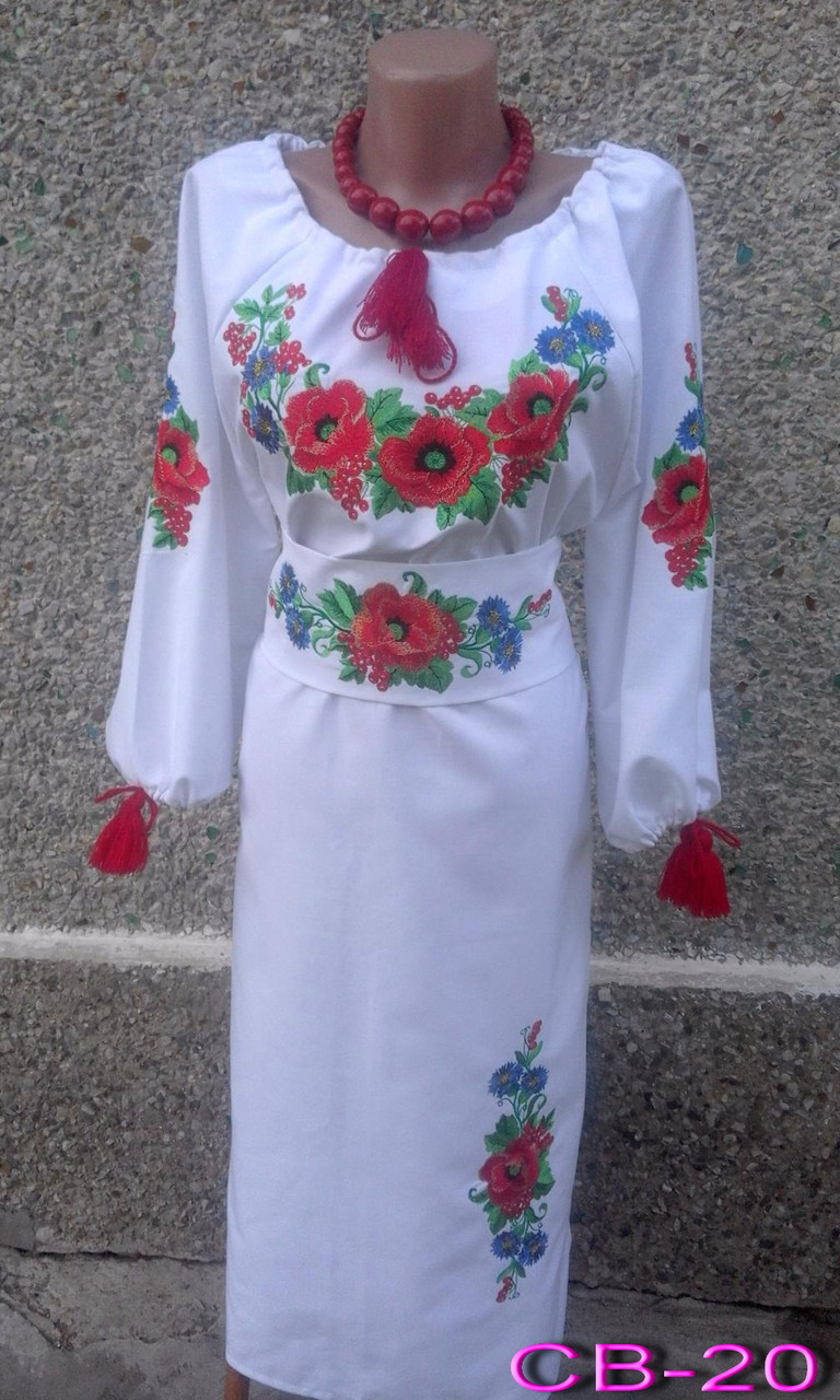 Нарядное белое вышитое гладью женское платье вышиванка "Маковый цвет" - фото 1 - id-p233300104