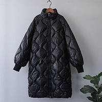 Пуховик женский теплый длинный зимний на био пухе. Куртка пальто стеганая, размер M (черный)