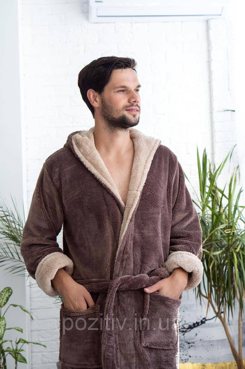 Чоловічий махровий халат із капюшоном лазневий халат коричневий, фото 1