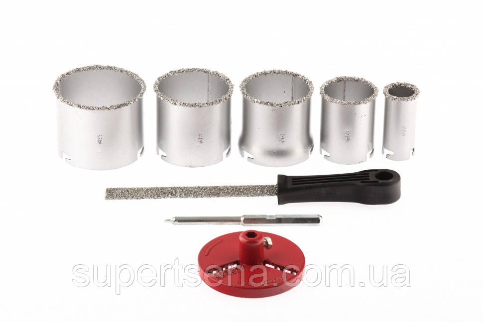 Набір коронок по керамічній плитці 33-53-67-73-83 мм + напилок, в пластиковому боксі, 6-гранний хвостовик, MTX 728429