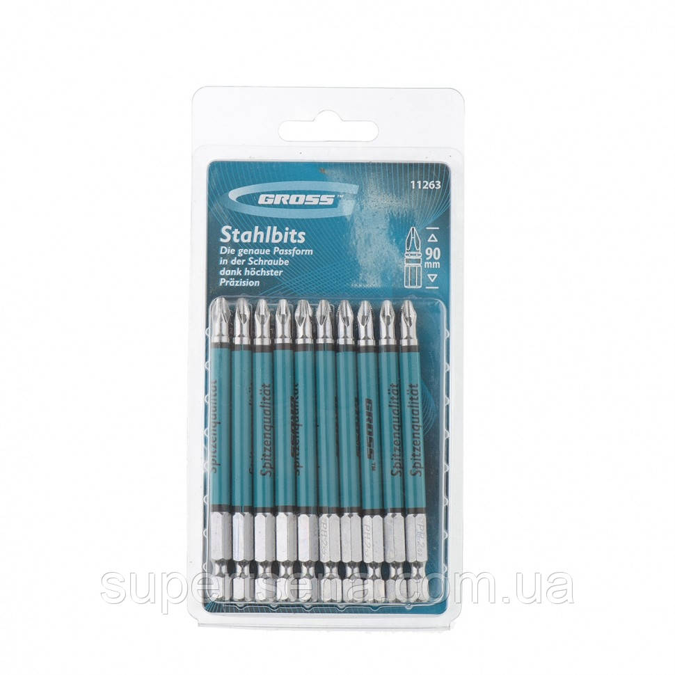 Набір біт Ph2 х90, сталь S2, 10 шт, GROSS 11263, фото 1