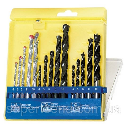 Набір свердел по бетону, металу, дереву 4-5-6-8-10 мм, 15 шт, пластиковий бокс, циліндричний хвостовик, SPARTA 725085