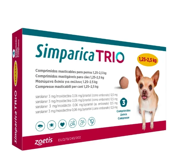 Simparica TRIO (Сімпарика ТРІО) таблетки від блох, кліщів і гелмінтів для маленьких собак вагою від 1.25 до 2.5 кг