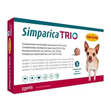 Simparica TRIO (Сімпарика ТРІО) таблетки від блох, кліщів і гелмінтів для маленьких собак вагою від 1.25 до 2.5 кг