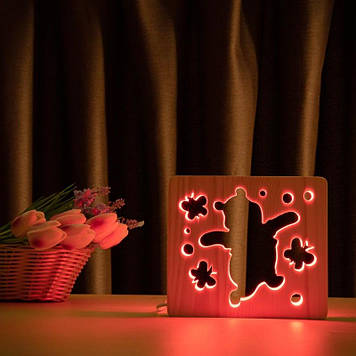 Світильник нічник ArtEco Light з дерева LED "Веселий ведмедик" з пультом та регулюванням кольору, RGB