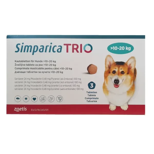 Simparica TRIO (Сімпарика ТРІО) таблетки від блох, кліщів і гельмінтів для середніх собак вагою від 10 до 20 кілограмів