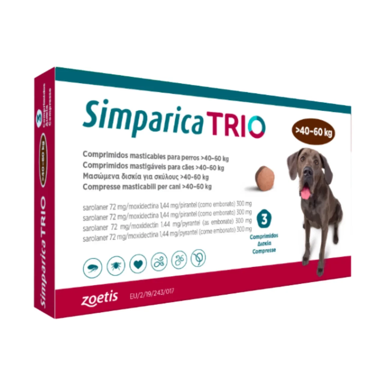 Simparica TRIO (Сімпарика ТРІО) таблетки від блох, кліщів і гельмінтів для великих собак вагою від 40 до 60 кілограмів