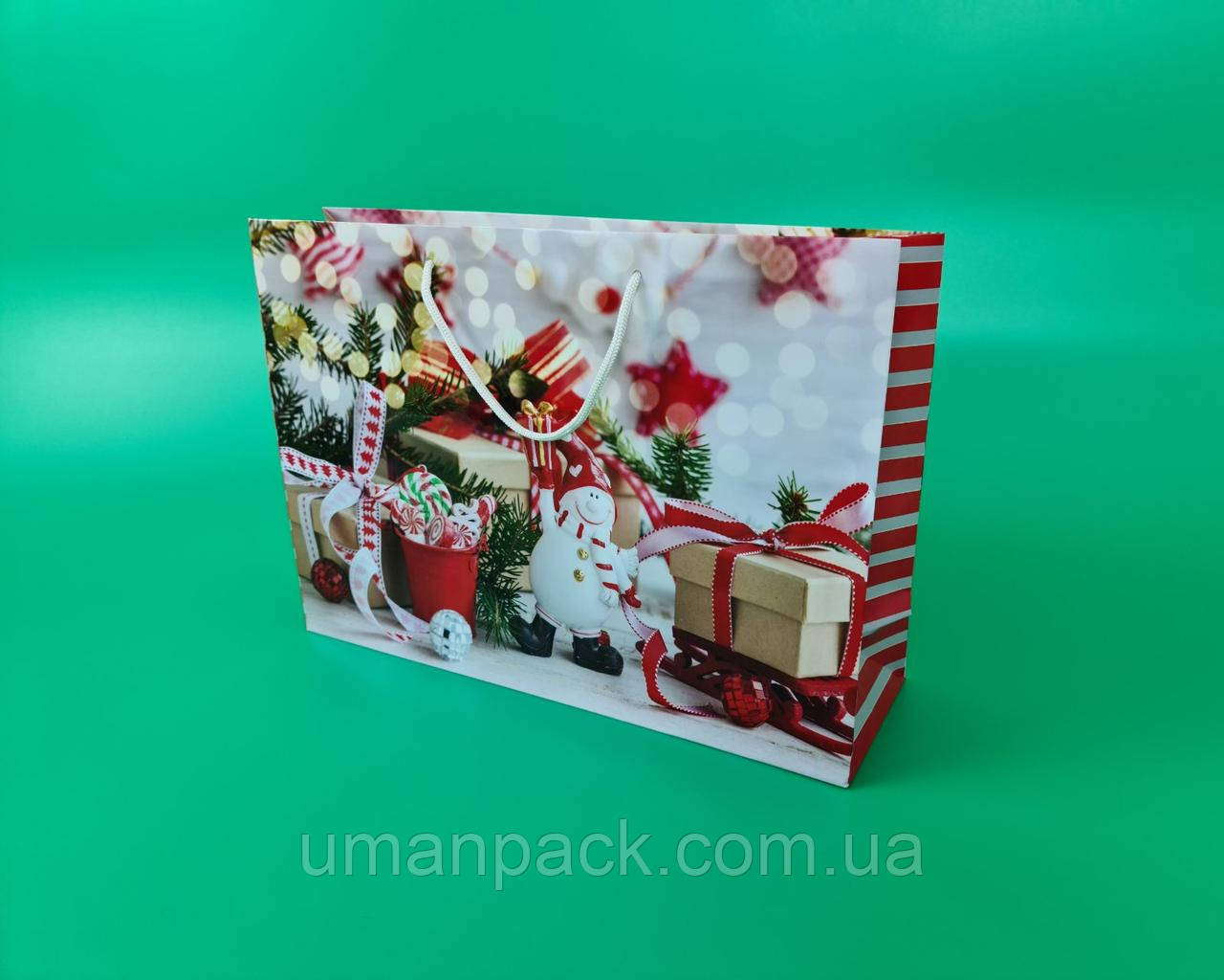 Паперовий Подарунковий Пакет Новорічний горизонтальний 36/22/10 (12 шт.)