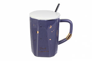 Кофейная кружка Ночь с крышкой и ложкой из керамики 300 мл., чайная чашка Звезды синяя керамическая