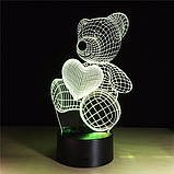 3D Світильник Ведмедик з серцем, 1 світильник - 16 кольорів світла. Подарунки дітям, фото 3