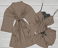 Набор пижамный тройка халат майка шорты, женская домашняя одежда