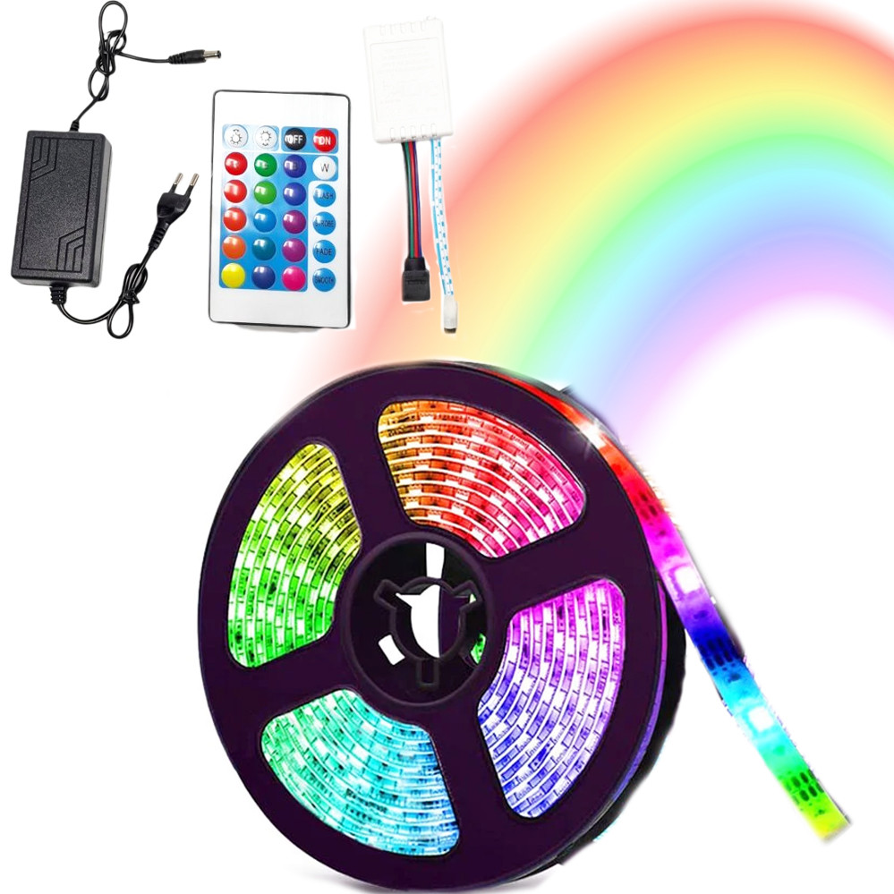 Світлодіодна LED стрічка RGB 5 м силіконова з пультом та перехідником світлодіодне освітлення, фото 1