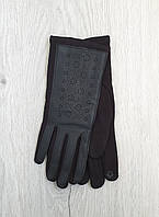 Трикотажные женские перчатки с эко кожей - модель "цветочки", оптом