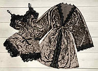 Велюровый комплект халат+пижама (майка и шорты)