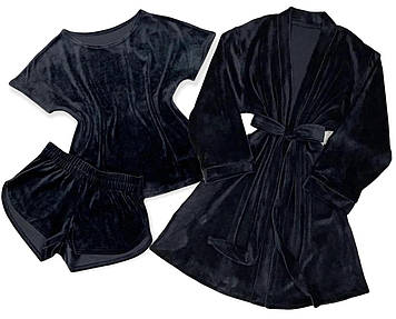 Темно-синій домашній комплект халат і піжама Теплий домашній одяг