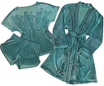 Піжама + халат Стильний плюшевий комплект жіночого домашнього одягу.
