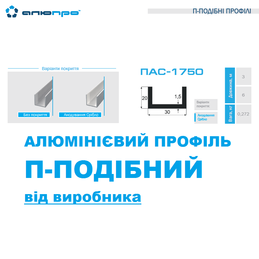 Швеллер алюминиевый п-образный профиль 30х20х1,5 анодированный АД31 Т5 ПАС-1750 AS - фото 1 - id-p1504784328