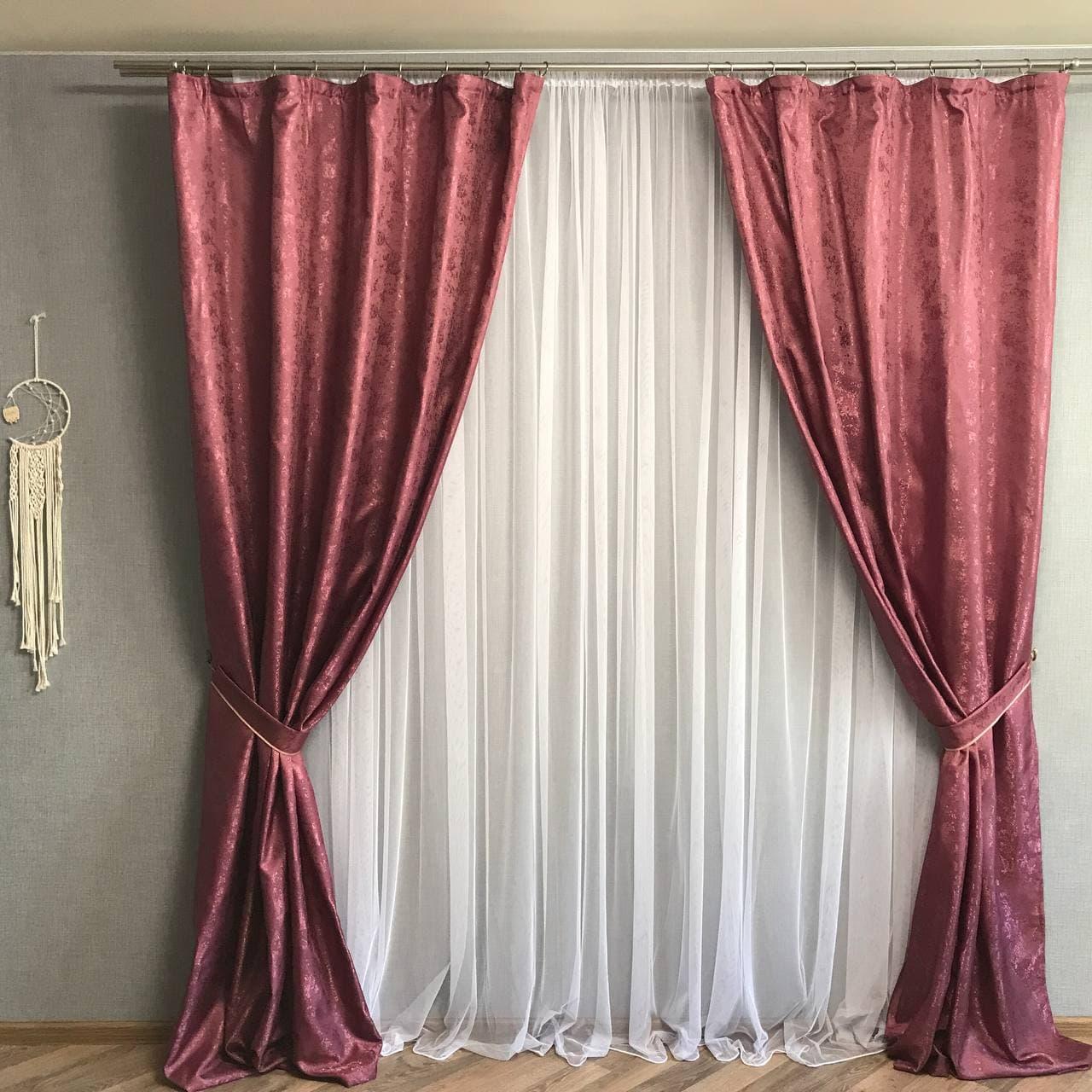 Красиві стильні малинові штори потертири жаккард ALBO однотонні, комплект штор на вікно з підхопленнями