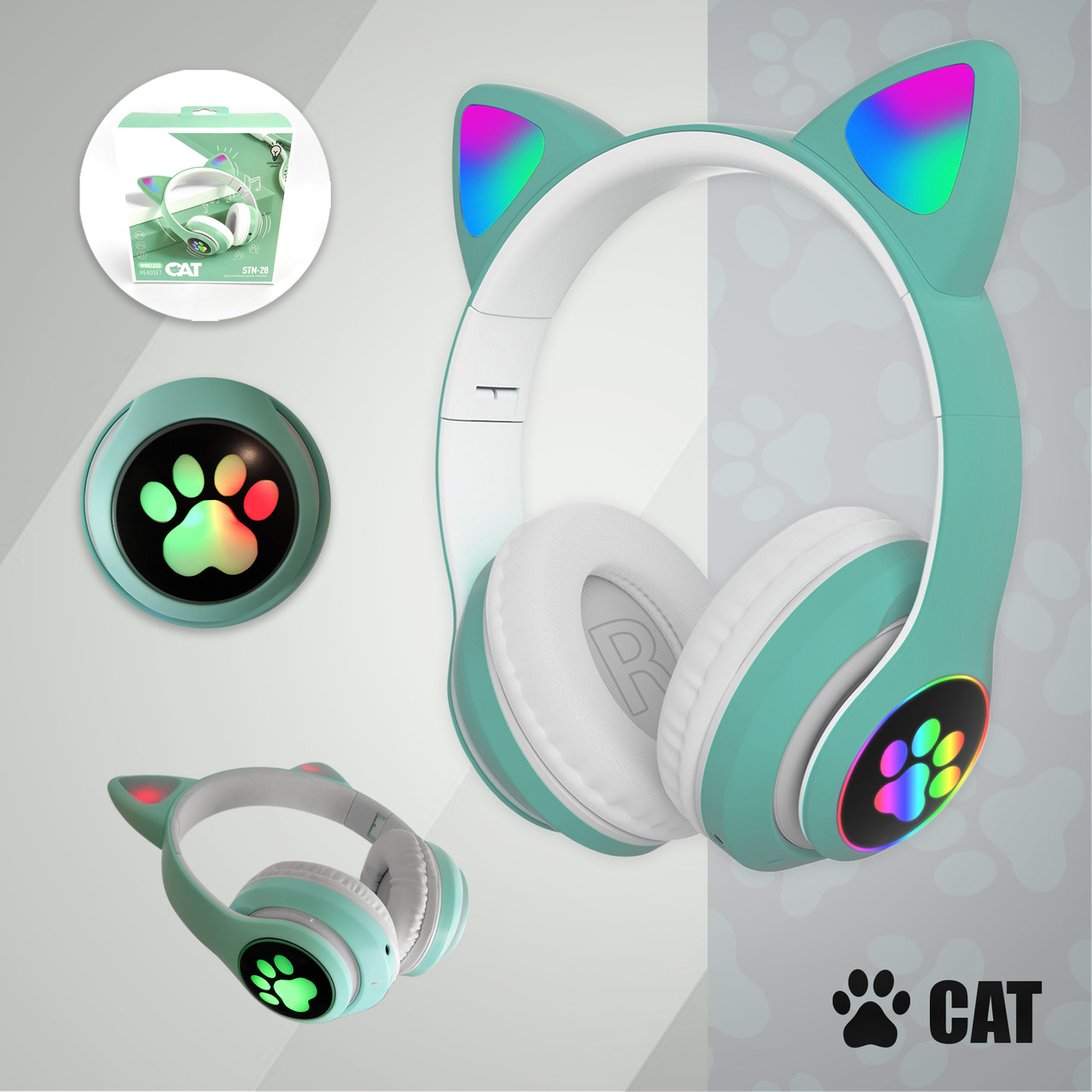 Дитячі бездротові bluetooth-навушники STN-28 бездротові блютуз навушники з котячими вушками котика бірюза