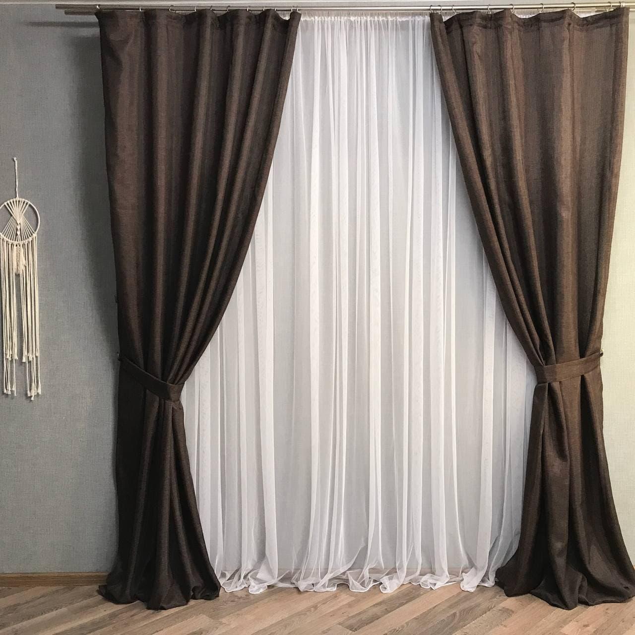 Готові штори, Темний шоколад, льон 150*270 см, щільні портьєри з підхватами (SH-M1-14)