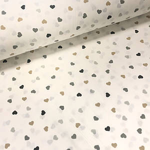 Тканина поплін сердечка сіро-бежеві на білому (ТУРЦІЯ шир. 2,4 м) (R-G-0355)