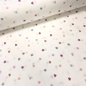 Тканина поплін сердечка та зірочки сіро-бузкові на білому (ТУРЦІЯ шир. 2,4 м) (R-G-0277)