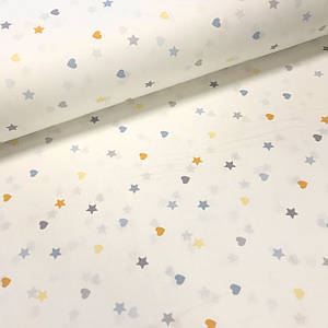 Тканина поплін сердечка та зірочки жовтогарячо-блакитні на білому (ТУРЦІЯ шир. 2,4 м) (R-G-0262)