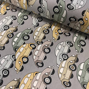 Тканина поплін ретро машинки жовто-зелені на сірому (ТУРЦІЯ шир. 2,4 м) (R-G-0314)