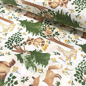 Тканина поплін ведмедики, лисички, зайчики в лісі із зеленими ялинками на білому (ТУРЦІЯ шир. 2,4 м ) (R-S-0577)