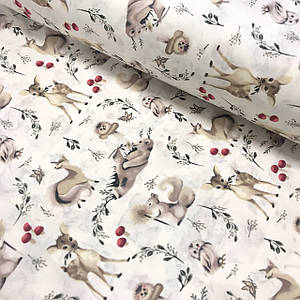 Тканина поплін бежево-сірі тварини з квіточками та сірими гілочками на білому (ТУРЦІЯ шир.2,4 м) (R-S-0573)