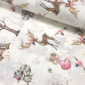 Тканина поплін рожево-бежеві лисички, оленята з вігвамами на білому (ТУРЦІЯ шир. 2,4 м) R-S-0601