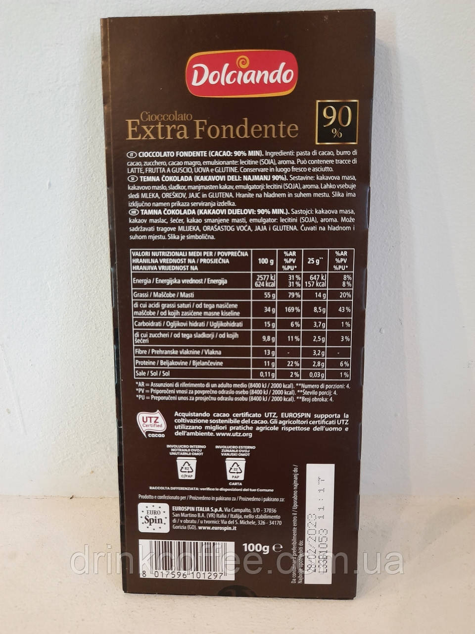 Шоколад горький-элитный Dolciando Cioccolato extra fondente, какао бобов 90% Италия 100g - фото 2 - id-p1504890782