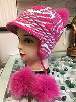 Шапка-вушанка з козирком і натуральним бубоном для дівчинки, вовняна, розмір 53-55, колір меланж рожевий