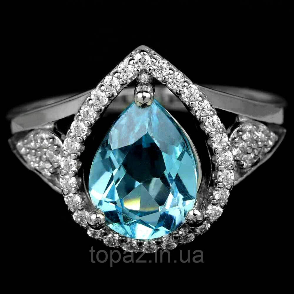 Каблучка срібна 925 натуральний блакитний топаз (SKY BLUE), цирконій. Р-16.5