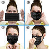 Медична маска чорна тришарова захисна для обличчя штампована з носовим фіксатором на резинках 50 штук, фото 8