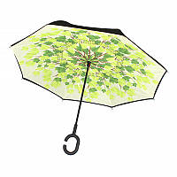 Зонт-трость наоборот Up-Brella Листья механический красивый с большим куполом обратного сложения