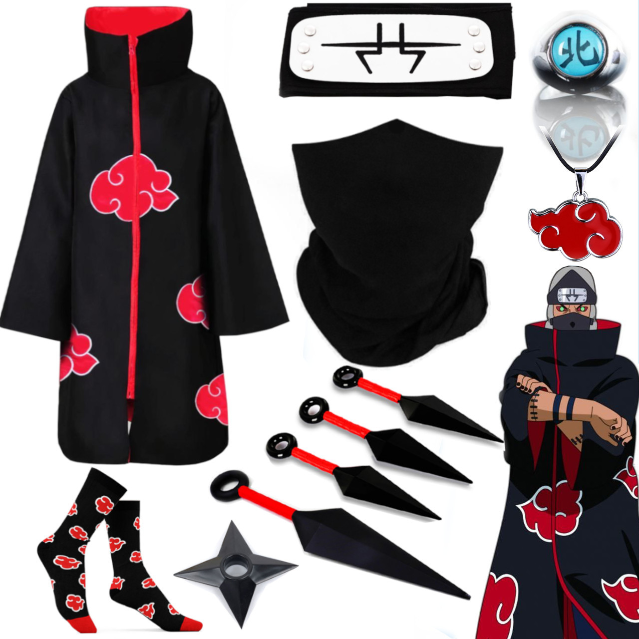 Набір Какузу (Акацукі) з аніме Наруто Naruto: Плащ + Пов'язка + Кільце + Маска + Кулон + 4 кунаї + Шкарпетки + Сюрікен, фото 1
