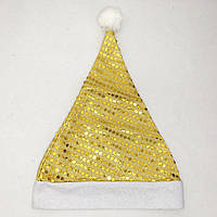 Шапка Деда Мороза новогодняя желтая с YD-143 золотыми пайетками (WS)