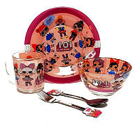 Дитячий набір скляного посуду для годування Лол (Lol) рожевий 5 предметів Metr+