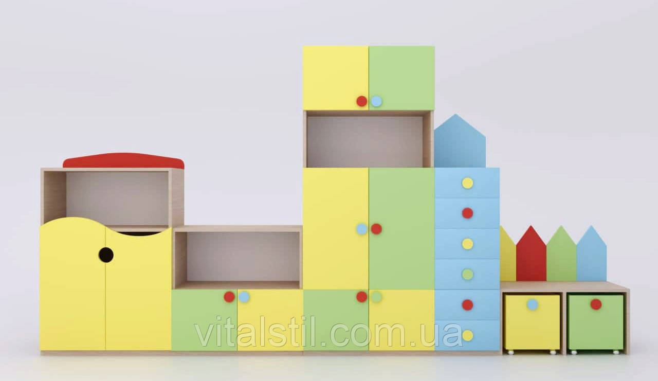 Стінка Олівці для дитячого садочка з 5 елементів та закритими секціями для зберігання речей 3600х400х2000 мм, фото 1