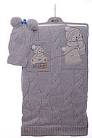 Плед вязаный с шапкой Снеговик 100*90 см светло-серый Recos Baby