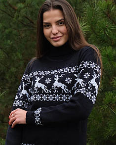 Жіночий в'язаний різдвяний светр "Олені" Гольф Синій