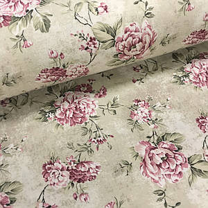 Фланелева тканина великі пудрові квіти із зеленим листям на бежевому. T (шир. 2,4 м) (FL-T-0036)