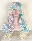 Перука різнокольорова блонд з рожевим та блакитним з двома хвостами Лоліта хвиляста довга 70см жіноча штучна, фото 4