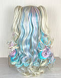 Перука різнокольорова блонд з рожевим та блакитним з двома хвостами Лоліта хвиляста довга 70см жіноча штучна, фото 3
