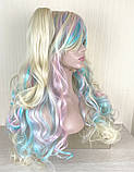 Перука різнокольорова блонд з рожевим та блакитним з двома хвостами Лоліта хвиляста довга 70см жіноча штучна, фото 2
