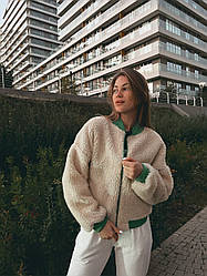 Жіноча хутряна куртка Бомбер плюшевий зимовий 'BEN' з екохутра овчини зелений розмір S/M