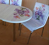 Розкладний обідній кухонний комплект овальний стіл і стільці "Фіолетовий букет" ДСП гартоване скло 75*130 Mobilgen, фото 6